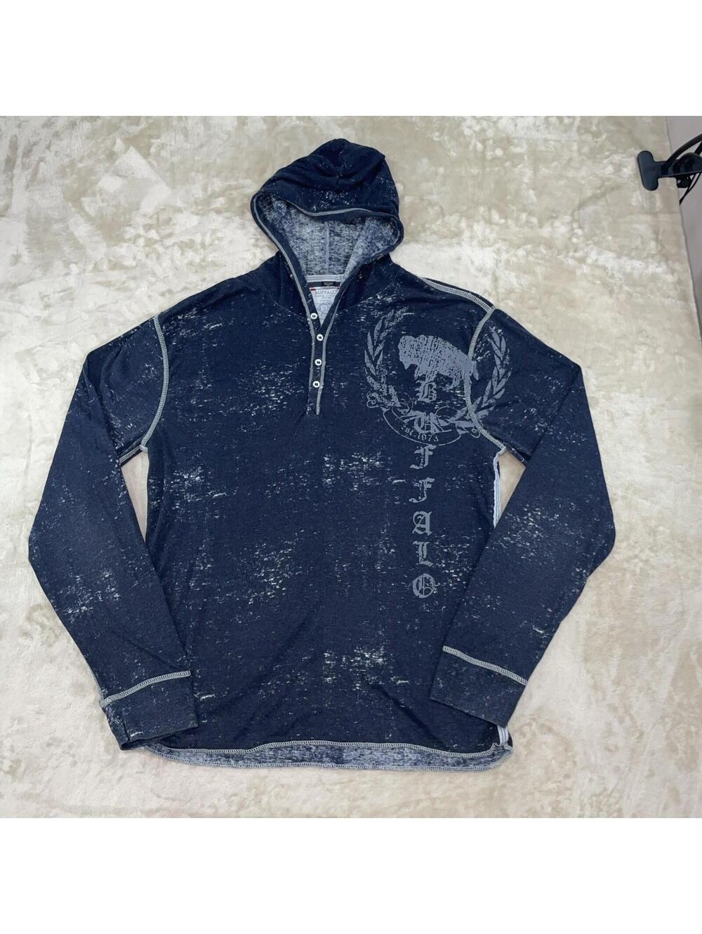 Buffalo David Bitton Mens Long Sleeve Hoodie Shirt Graphic Y2K Print BlueGray XL